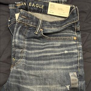 American Eagle Outfitters Men's Dark Blue Air Flex Temp Tech Straight Jeans